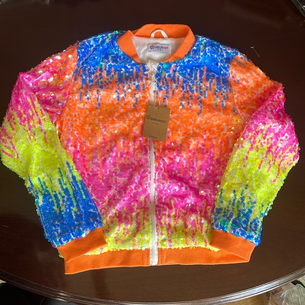 WELAKEN Girls' Ombre Sequin Bomber Jacket Lightweight Sparkle Gradient nwt